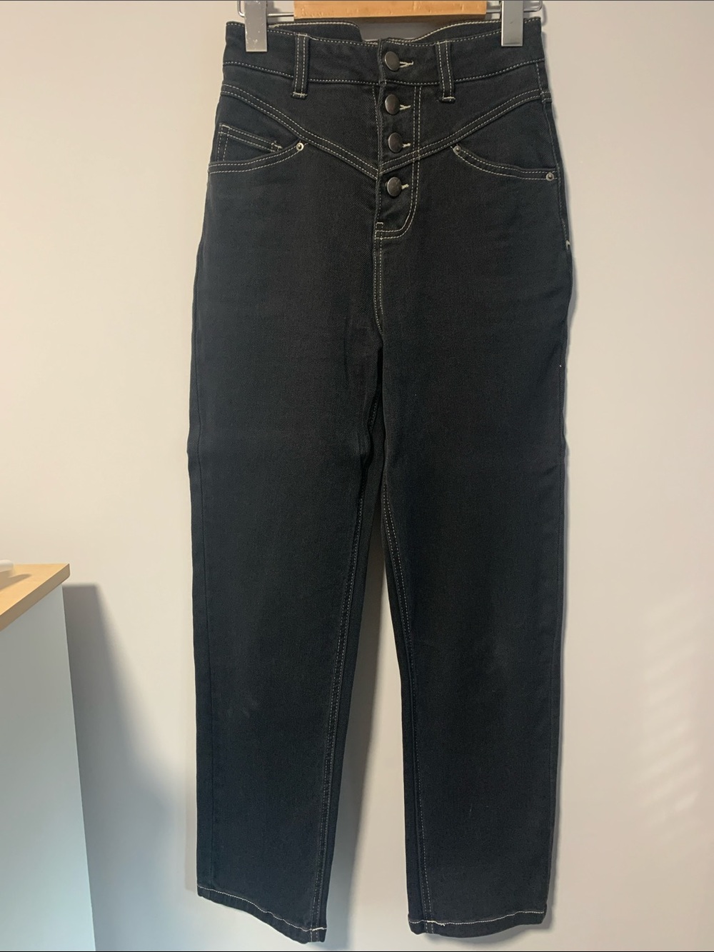 Ariana & Even Black High Rise Button Fly Straight Leg Jeans